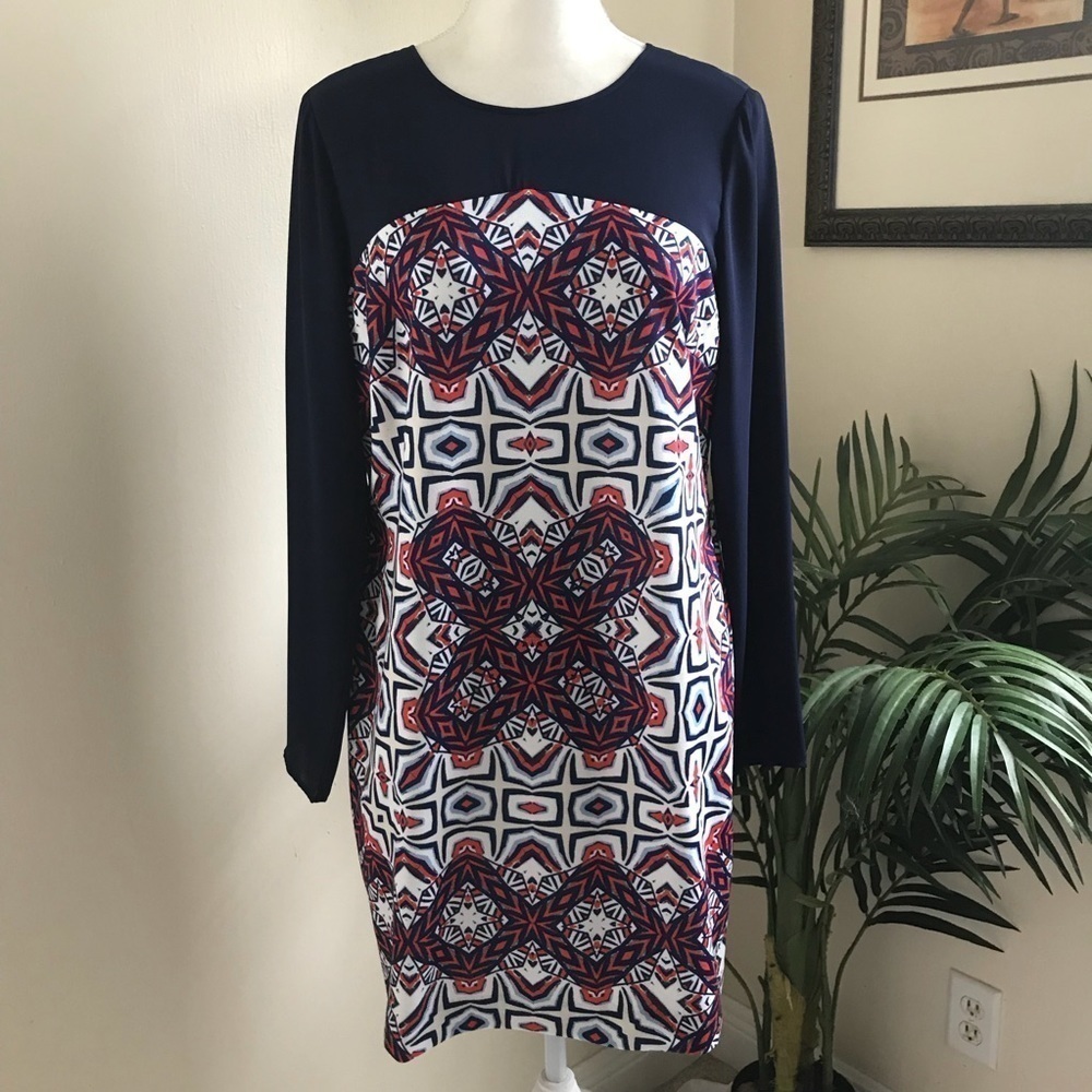 Cremieux Women Stretch Sheer Top Stretch Long Sleeve Dress Navy White Orange M * - Picture 1 of 6